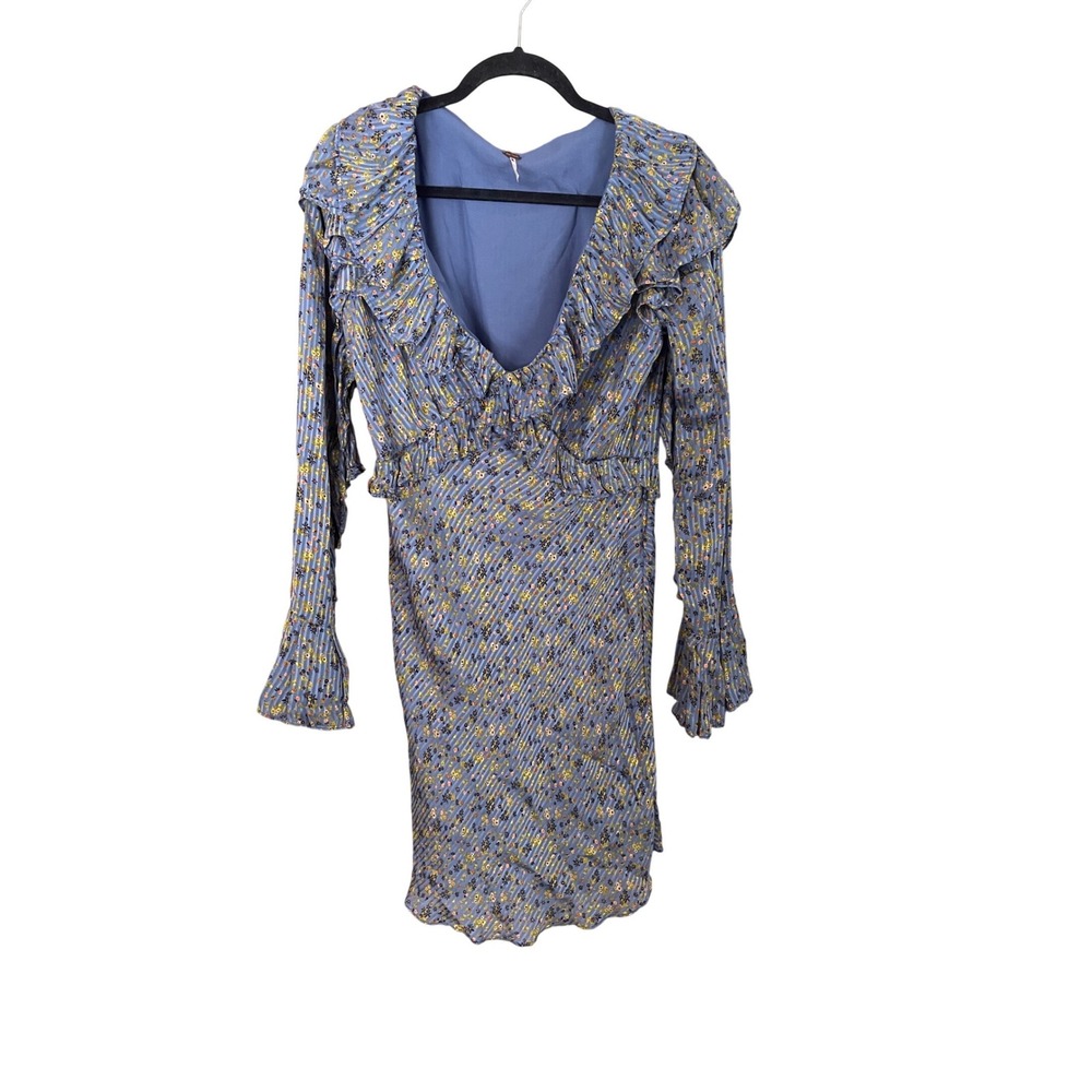 Free People Sweetest Thing Mini Dress Midnight Cowboy Blue Floral Ruffle Size 12 - Picture 4 of 15